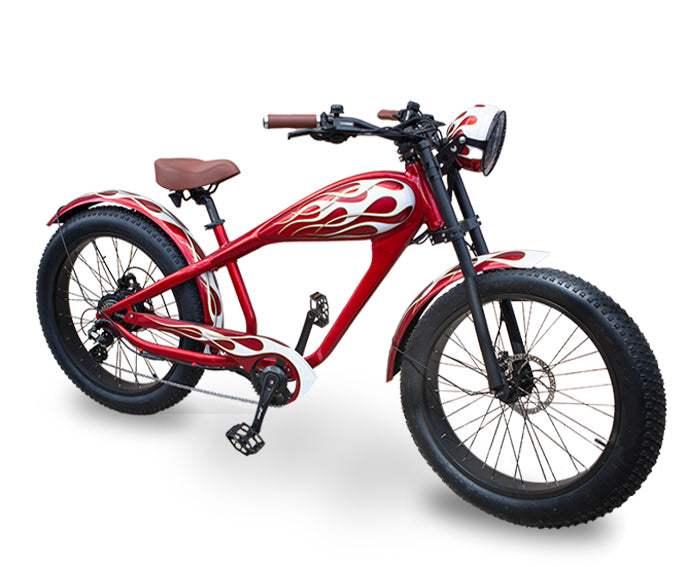 red electric bicycles Red With White Flames Cruiser Rumblefish eBike